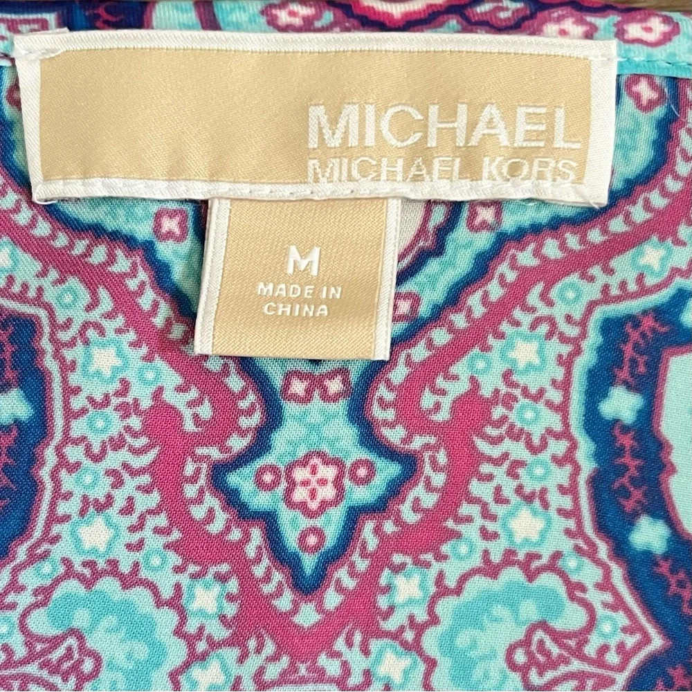 Michael Kors Blouse M/L Blue Multi Pattern RollTab Sleeve Elastic Gathered Waist